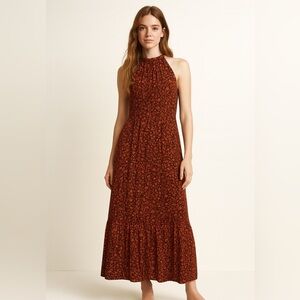 Old Navy Women Floral Maxi Dress XXL Orange Brown Halter Boho